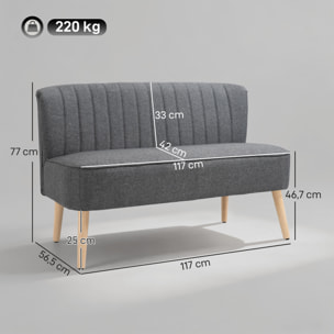 Canapé 2 places style scandinave piètement bois hévéa tissu gris