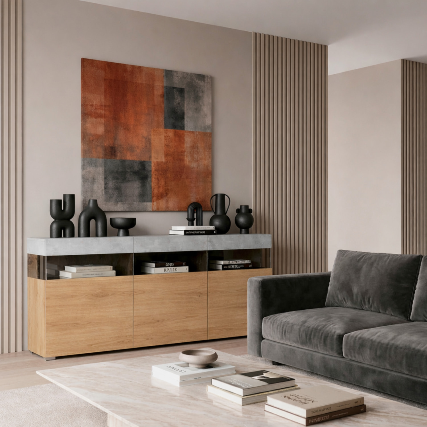 Madia Soggiorno 3 Ante Push-Pull 3 Vani A Giorno Vetro Mobile Credenza Moderna Per Zona Living Design Contemporaneo 180x 41.2x 80 Cm Noce E Cashmere