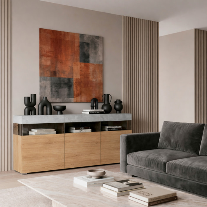 Madia Soggiorno 3 Ante Push-Pull 3 Vani A Giorno Vetro Mobile Credenza Moderna Per Zona Living Design Contemporaneo 180x 41.2x 80 Cm Noce E Cashmere