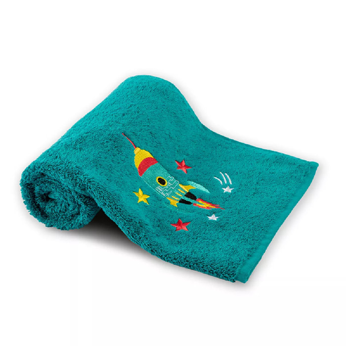 Serviette eponge enfant pur coton 500 g/m² brodé vert Galaxy emeraude