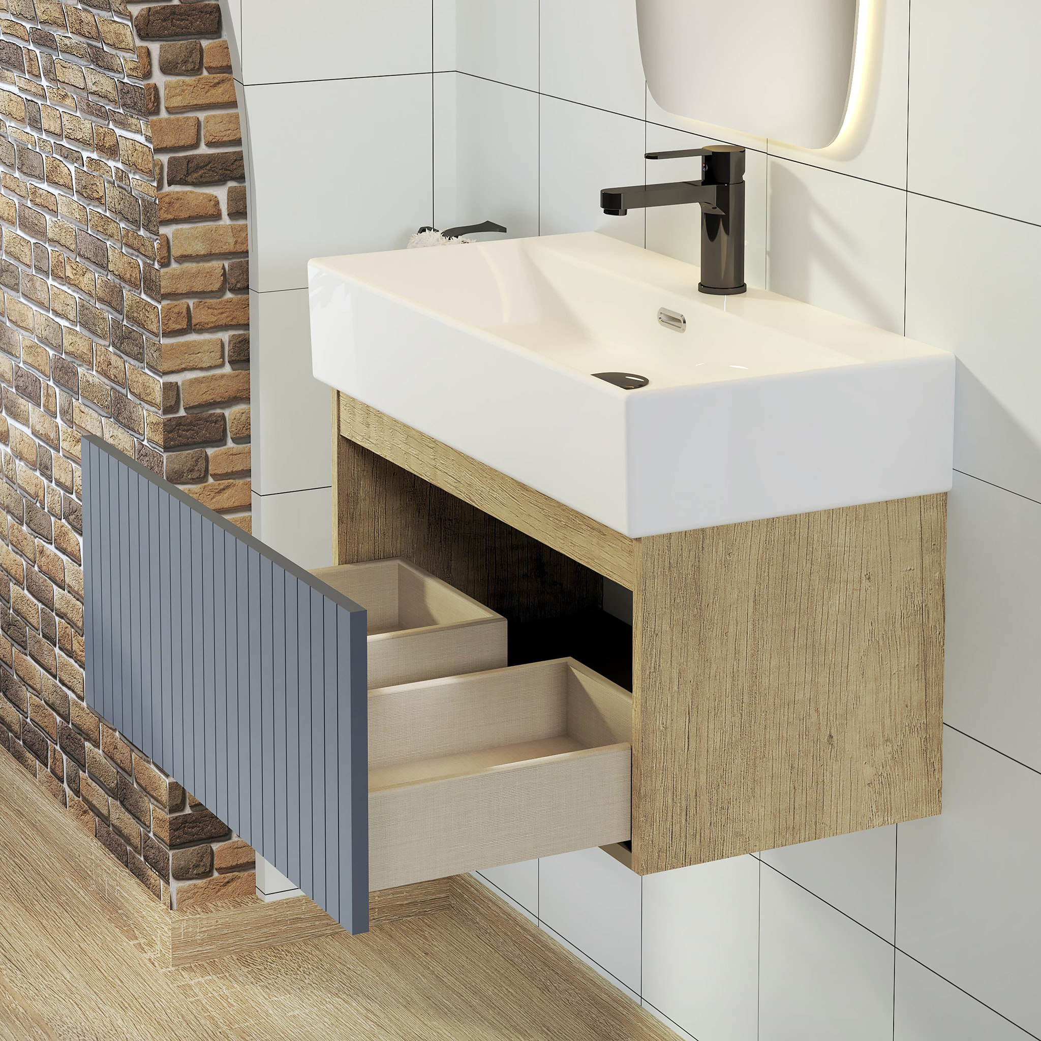 Ensemble de Salle de Bain Zel | Meuble Suspendu | 70 cm Bleu | Un Tiroir | Lavabo Encastré | Miroir non inclus | Meuble Monté | Alday