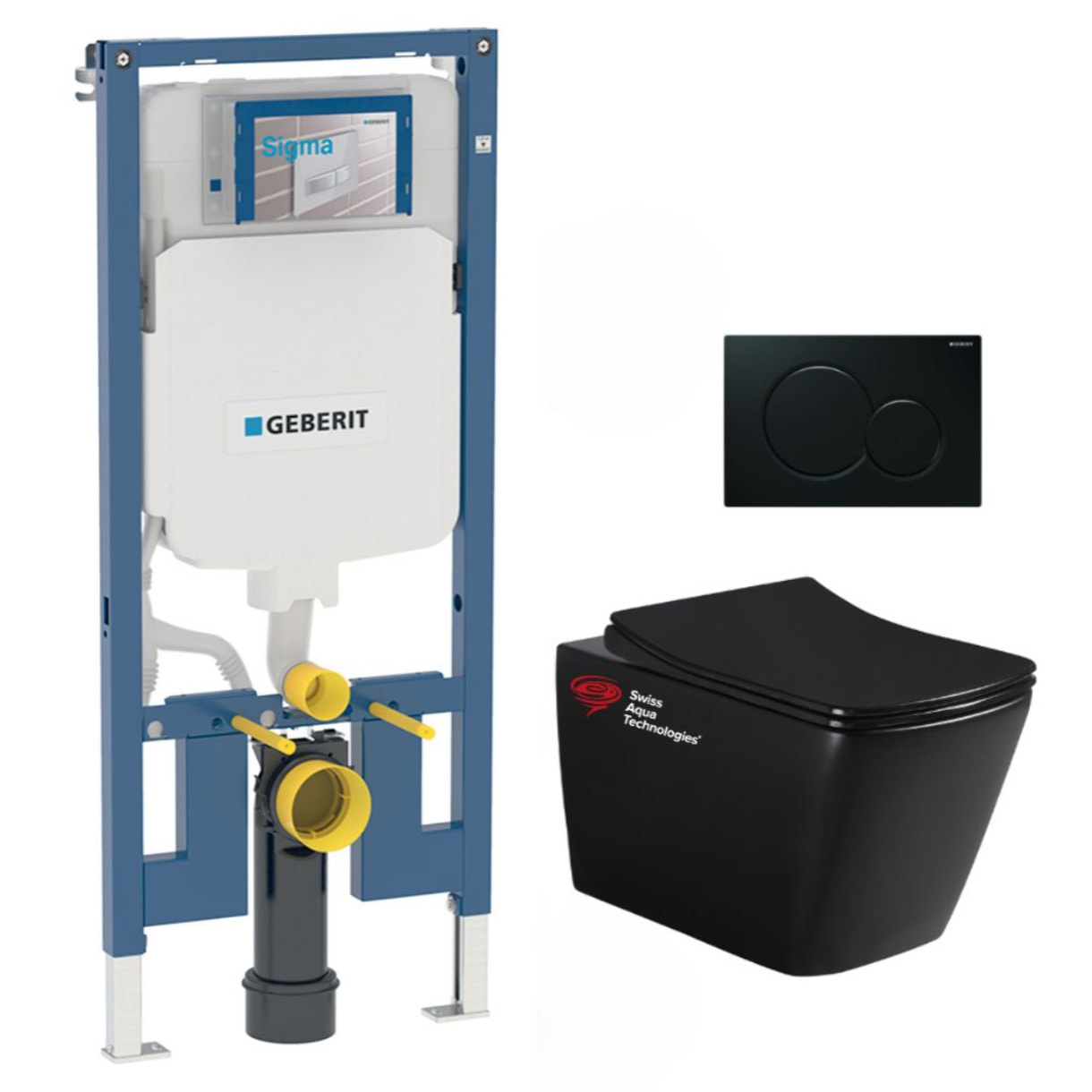 Pack WC Bati-support Geberit + WC sans bride Swiss Aqua Technologies + abattant SoftClose + plaque noire (SLIMSBLINFIA)