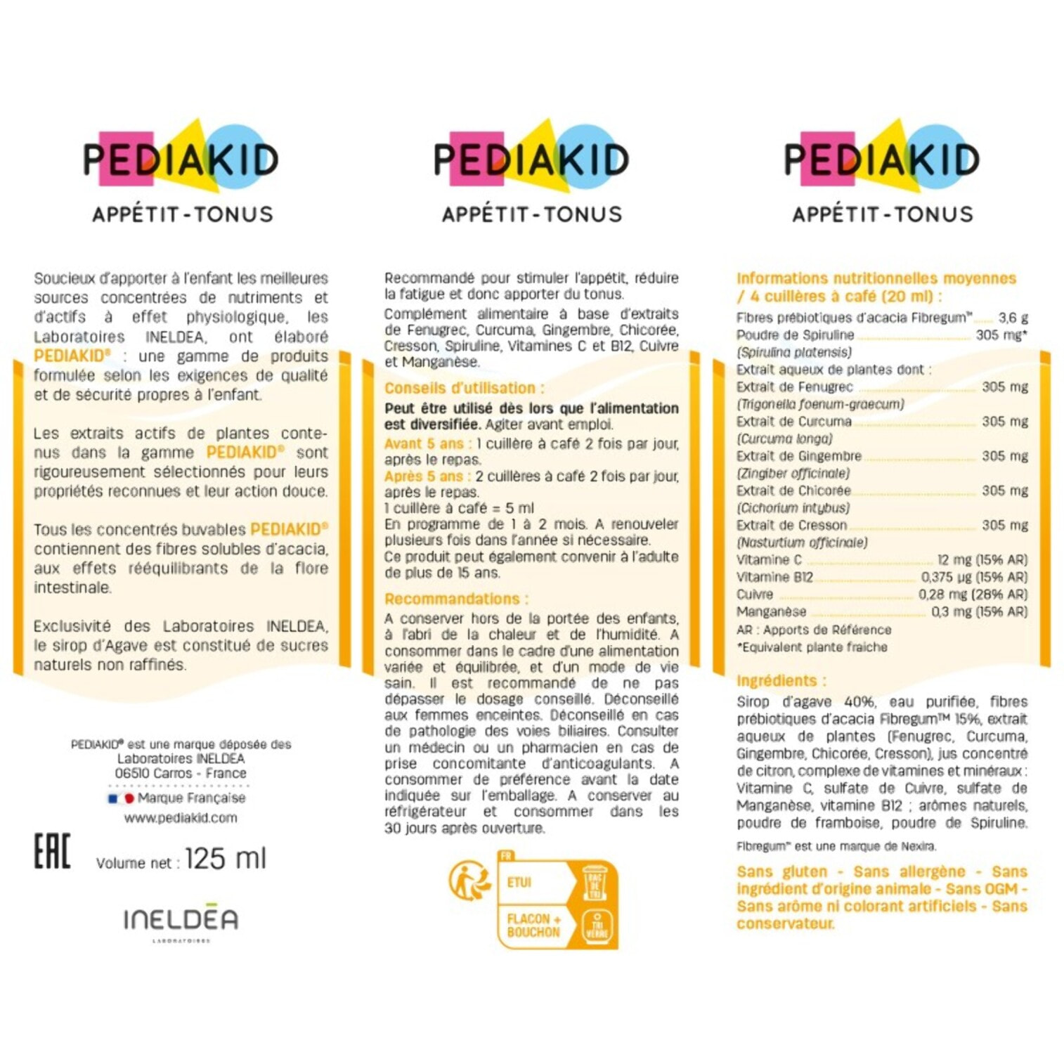 PEDIAKID - Sirop Appétit-Tonus - Complément Alimentaire Naturel - Formule Exclusive au Sirop d'Agave - Stimule l'Appétit - Aide à la Prise de Poids - Flacon de 125 ml