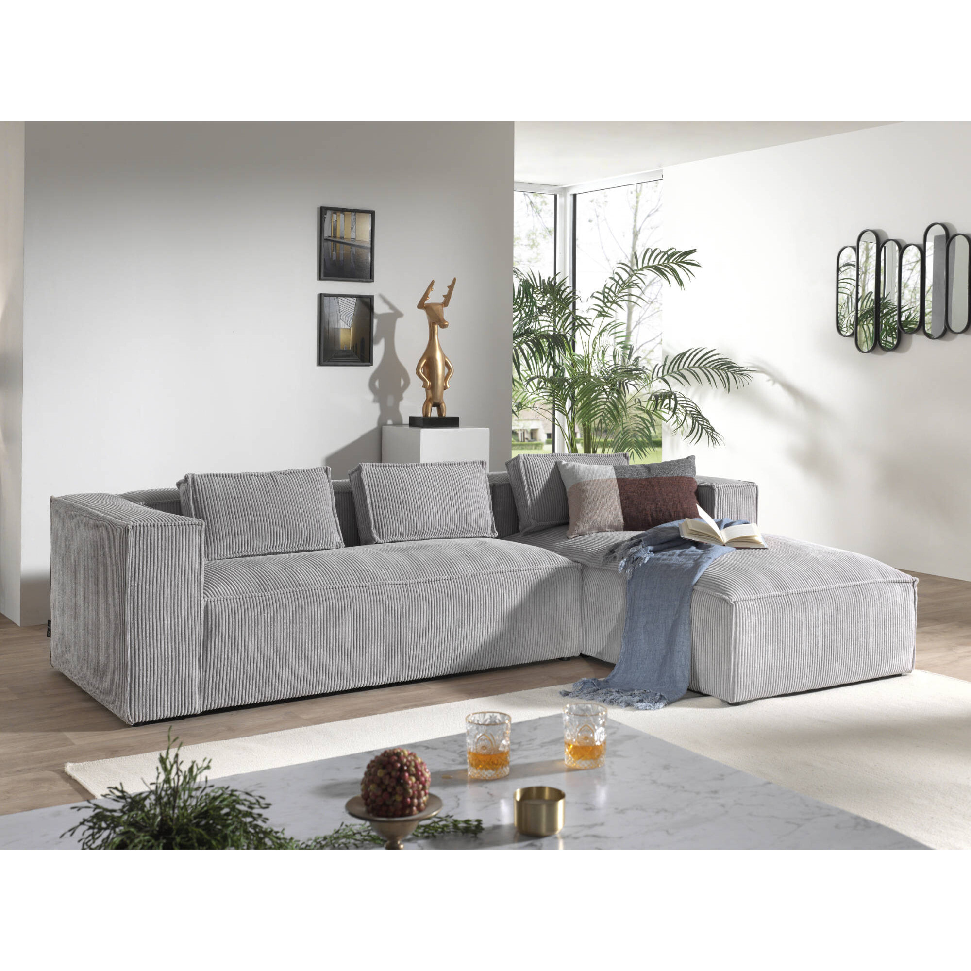 Stella - canapé d'angle droit en velours côtelé - 4 places -style contemporain - Gris clair