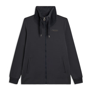 Felpa da donna con zip, spacchi laterali e collo alto in velluto