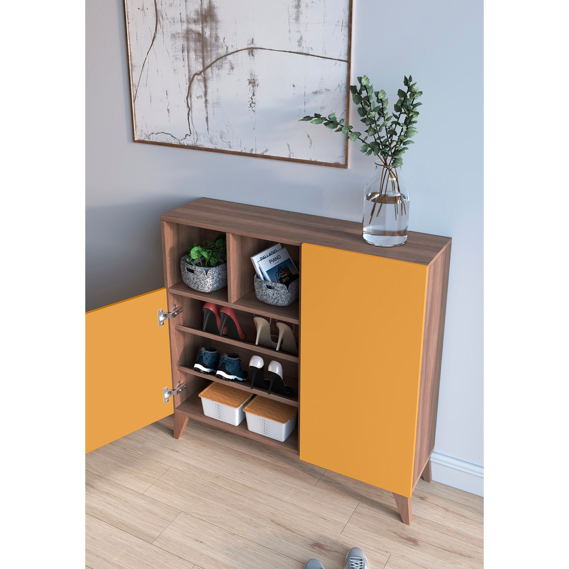 Zapatero Oslo melamina nogal puertas mostaza 87x90x27 cm