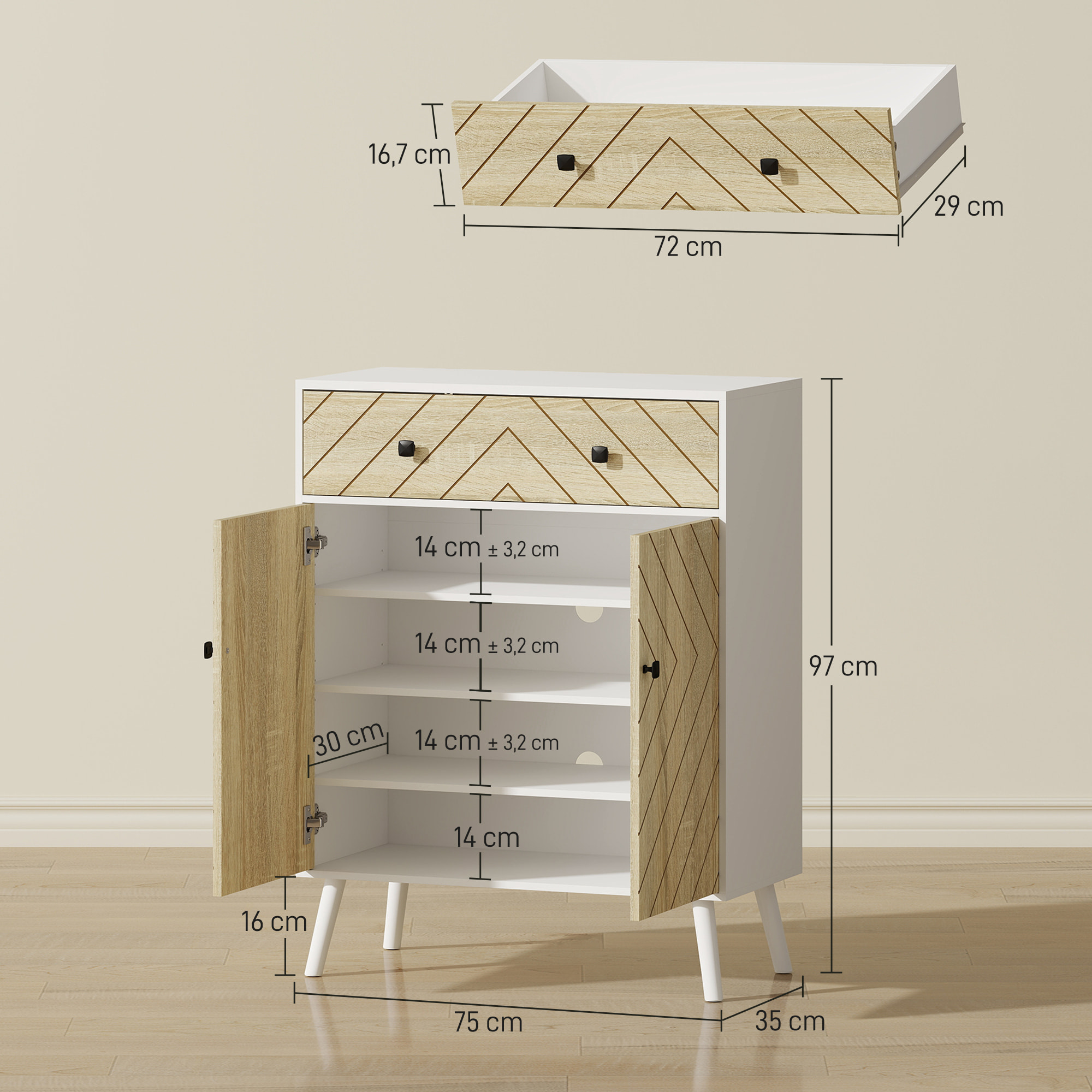 Zapatero de 2 Puertas en Espiga, Zapatero Entrada Recibidor con Estantes Ajustables, Cajón, para 12 Pares de Zapatos, 75x35x97 cm, Blanco y Natural