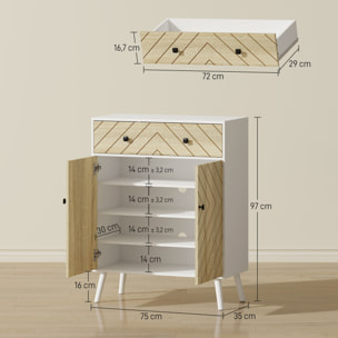 Zapatero de 2 Puertas en Espiga, Zapatero Entrada Recibidor con Estantes Ajustables, Cajón, para 12 Pares de Zapatos, 75x35x97 cm, Blanco y Natural