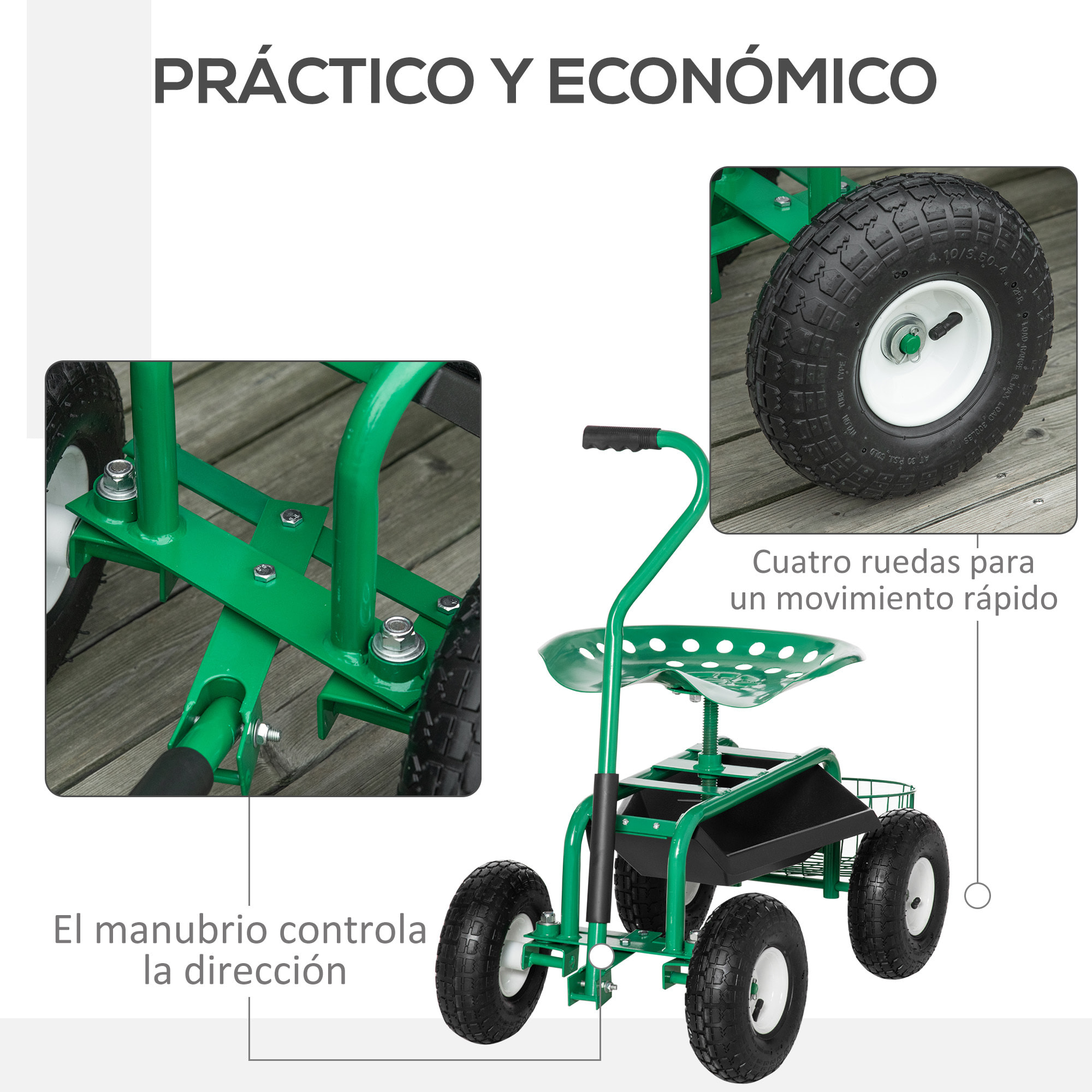 Asiento de Jardín con Ruedas, Taburete de Jardinería con Asiento Giratorio y Ajustable en Altura, Ruedas Neumáticas, Bandeja de Herramientas y Cesta, Carga 150 kg para Patio, Exterior, Verde