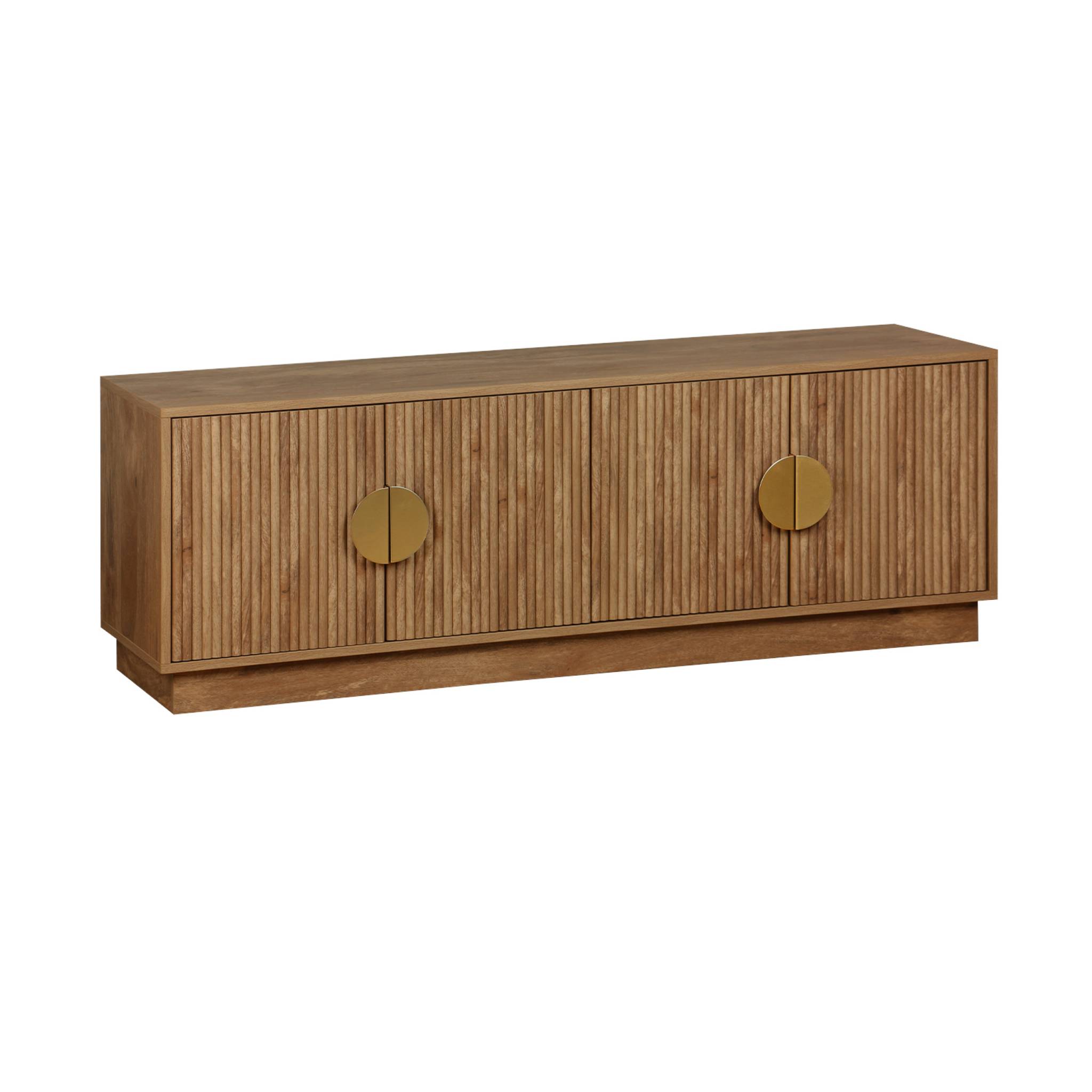 Meuble TV exotique 4 portes effet bois de manguier. poignées en métal doré L 140 x P 40 x H 48cm