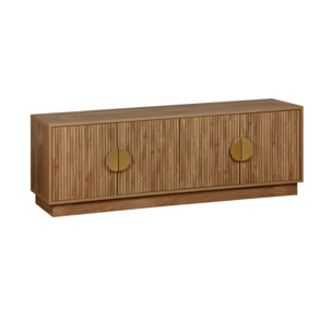 Meuble TV exotique 4 portes effet bois de manguier. poignées en métal doré L 140 x P 40 x H 48cm