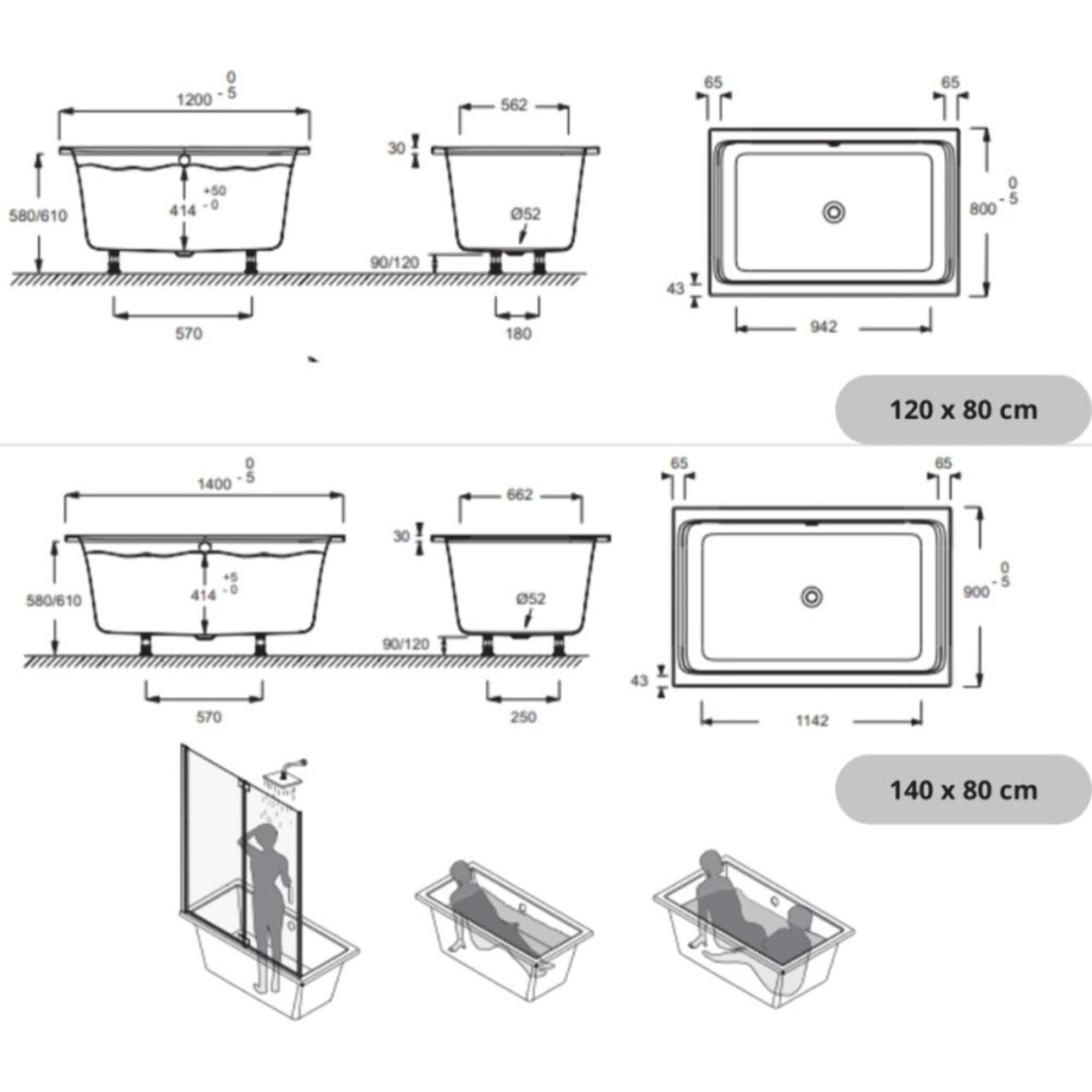 Baignoire bain douche Capsule + marche pieds