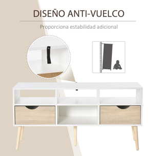 HOMCOM Mueble de TV para Televisiones 50”Mesa para TV de Salón Comedor Moderna con 2 Cajones y 4 Compartimentos Patas de Madera Antivuelco 117x39x57 cm Blanco y Madera Natural