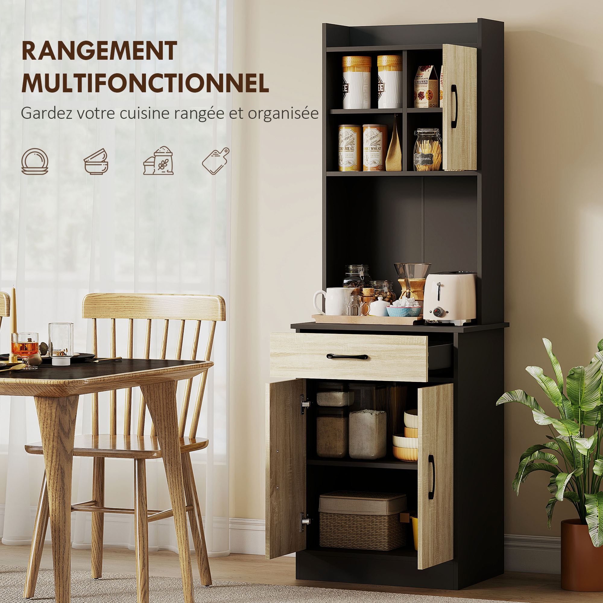 Buffet haut cuisine - 3 portes, 3 étagères, 2 niches plan de travail - dim. 60 x 40 x 180 cm - noir effet bois clair