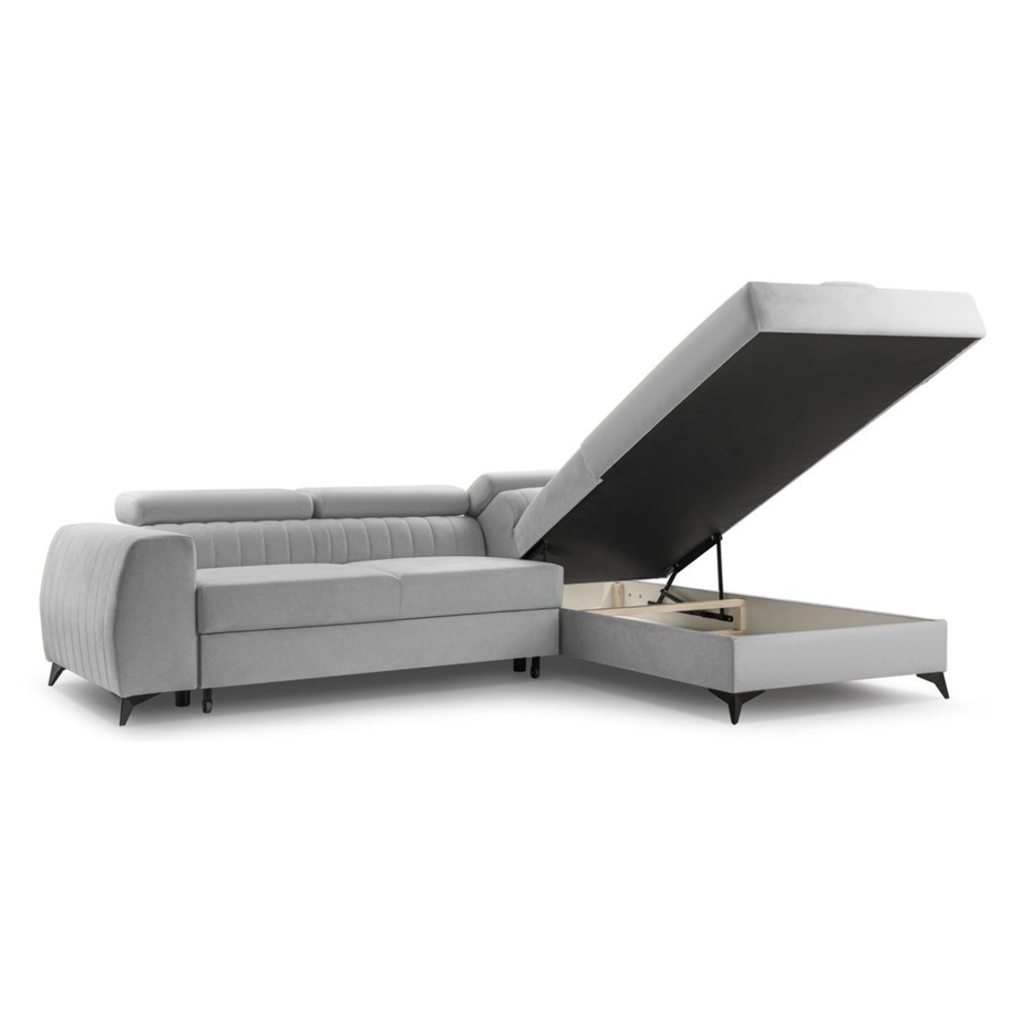 Aneta - canapé d'angle droit 5 places - convertible avec coffre et têtières - en velours - Gris clair