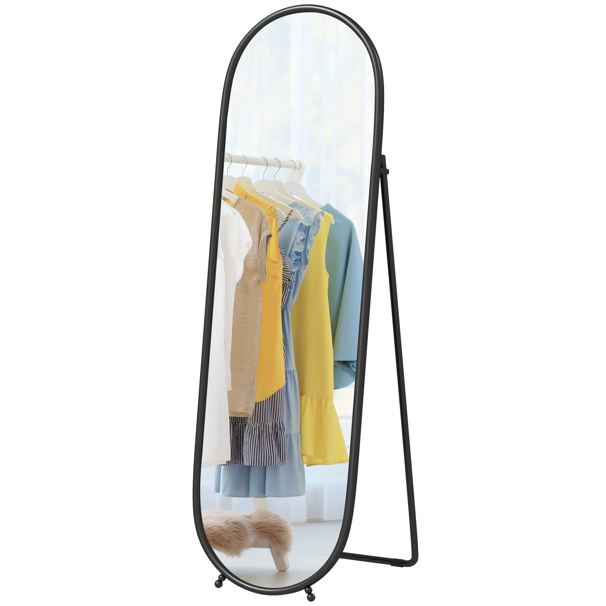 Grand miroir sur pied - miroir mural ovale avec support - dim. 40L x 160H cm - métal noir