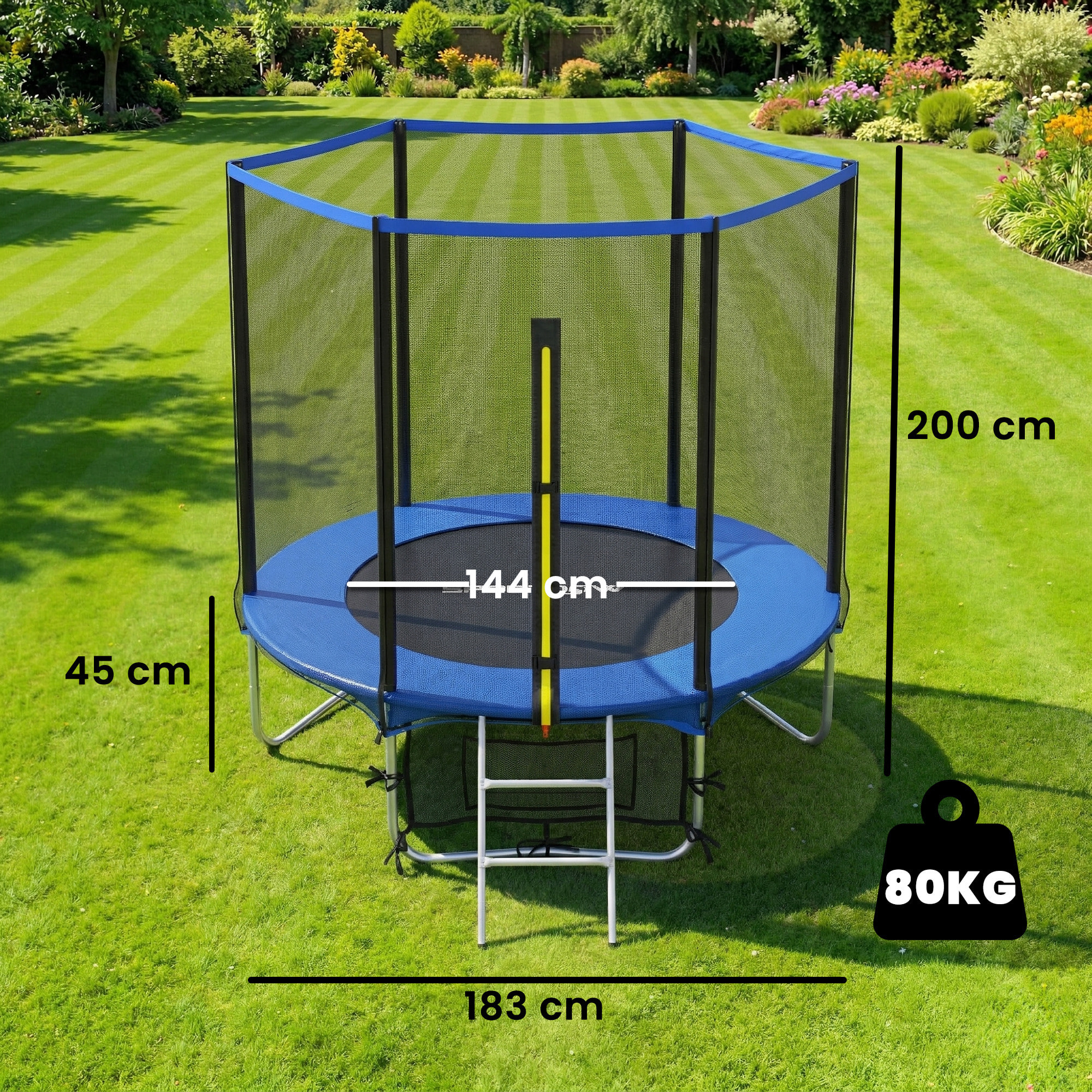 Cama Elástica Niños Exterior Ø183 cm, Trampolín para Niños de +6 Años con Red de Seguridad, Escalera de 2 Peldaños, Cubierta de Muelles, Bolsa de Almacenamiento, Carga 80 kg, Azul