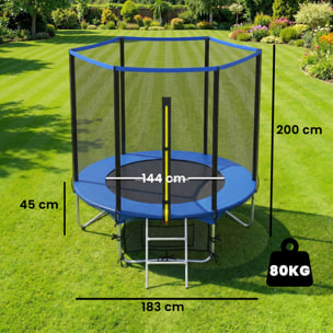 Cama Elástica Niños Exterior Ø183 cm, Trampolín para Niños de +6 Años con Red de Seguridad, Escalera de 2 Peldaños, Cubierta de Muelles, Bolsa de Almacenamiento, Carga 80 kg, Azul
