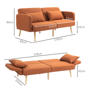 Canapé convertible 3 places design scandinave - dossier inclinable, accoudoirs réglables - 2 coussins déco - tissu ocre havane