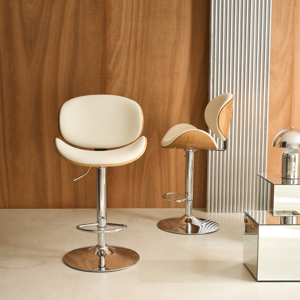 Lot de 2 tabourets de bar réglable décor bois courbé et simili cuir chêne. blanc et pieds chromés - L 53  P 51 x H 95-116cm - Dwight