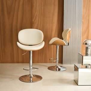 Lot de 2 tabourets de bar réglable décor bois courbé et simili cuir chêne. blanc et pieds chromés - L 53  P 51 x H 95-116cm - Dwight