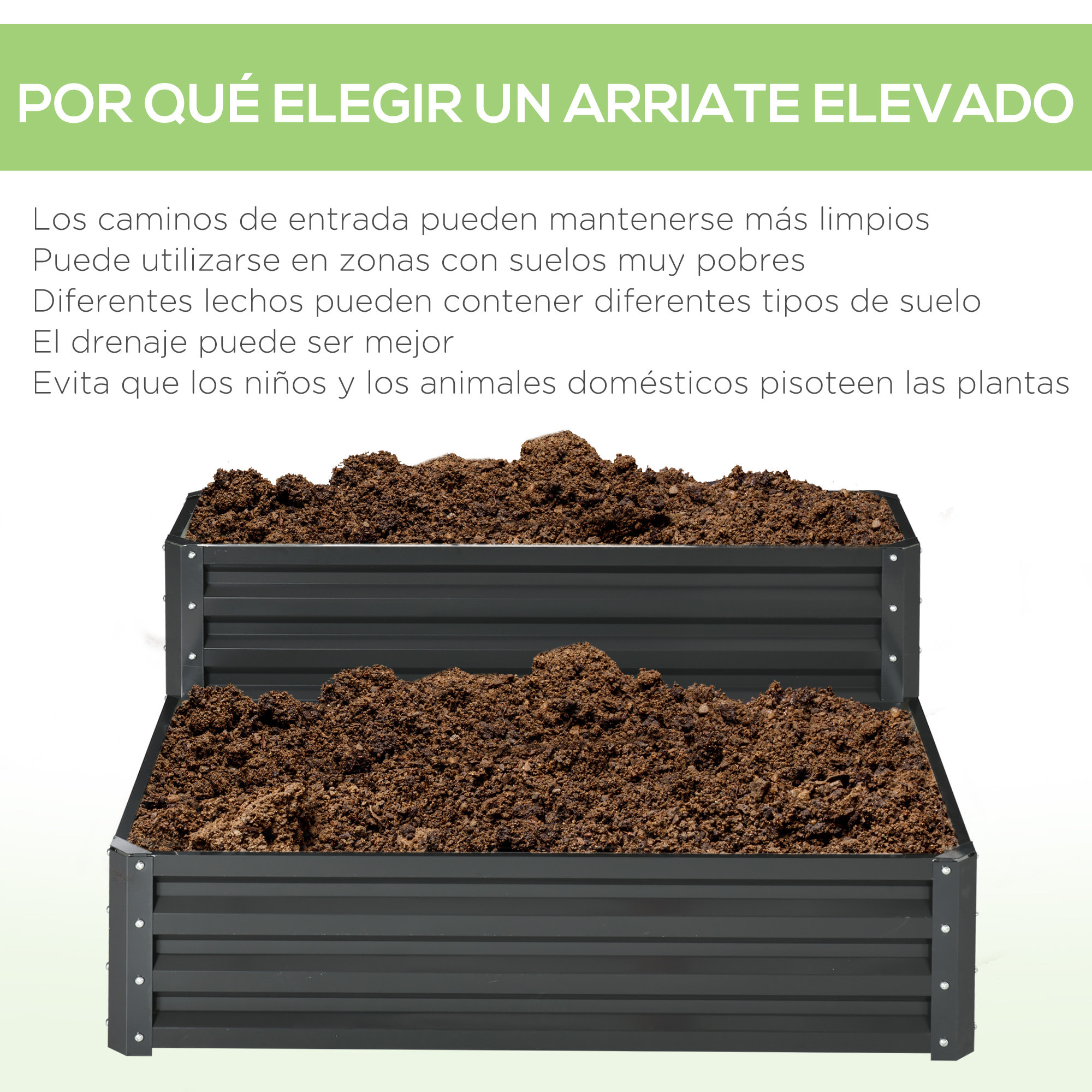 Huerto Urbano de 2 Niveles de Acero Galvanizado, Jardinera Exterior con Diseño de Escalera y Fondo Abierto para Cultivos, Plantas, Herbaria, para Terraza, Jardín, 120x101x58 cm, Gris Oscuro