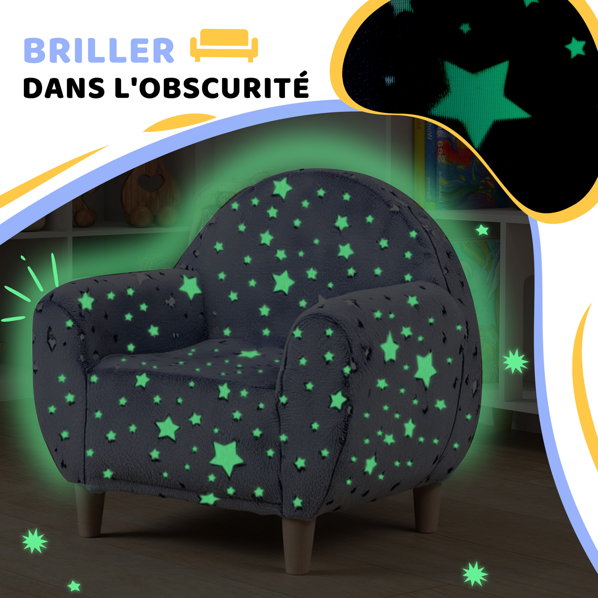 Fauteuil enfants canapé pour enfants phosphorescent avec motif étoilé, gris