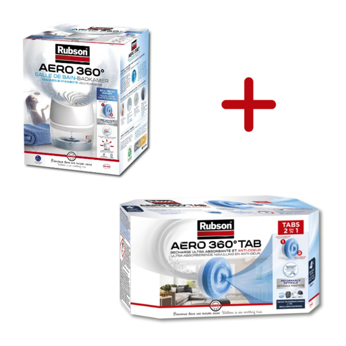 Rubson AÉRO 360° Absorbeur d'Humidité spécial Salle de Bain, 1 appareil + 1 recharge de 450 g + Lot de 4 Recharges Neutres