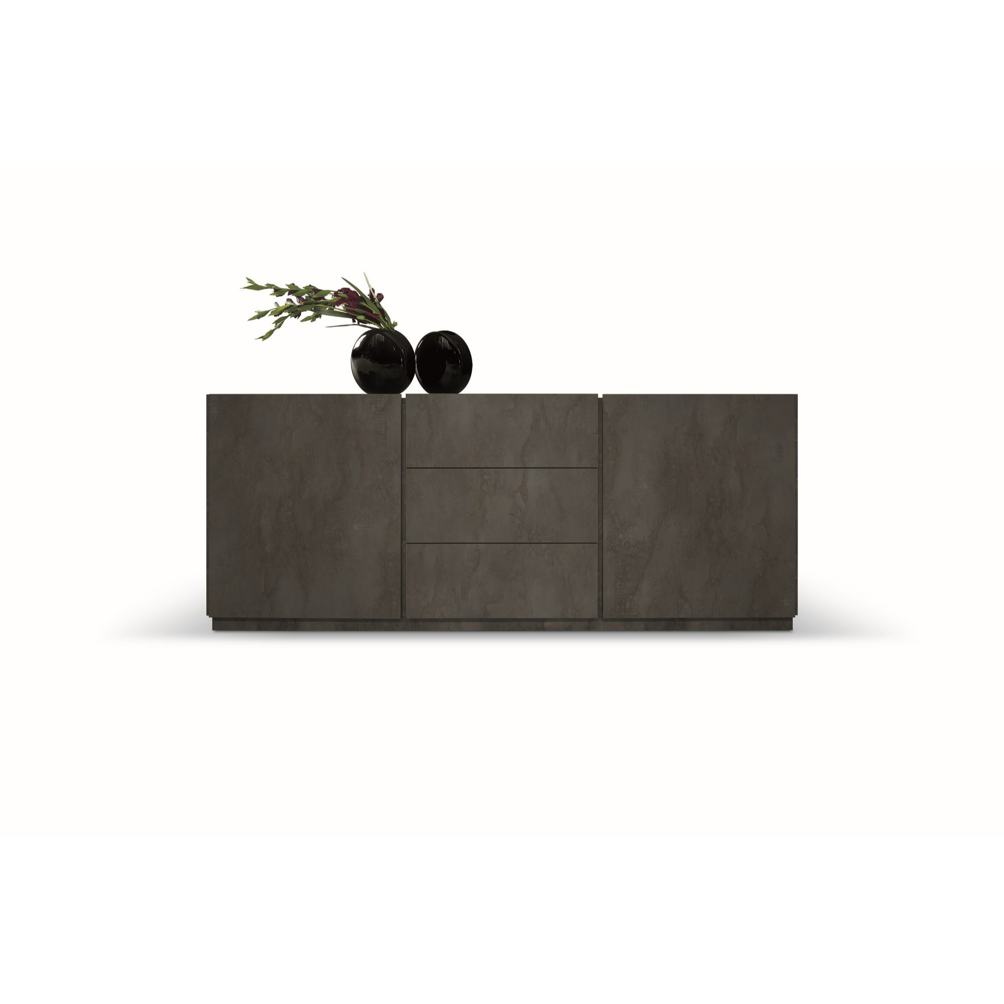 Credenza FAVIGNANA in legno, finitura in acciaio ossidato, piano effetto marmo statuario, 200x50 cm