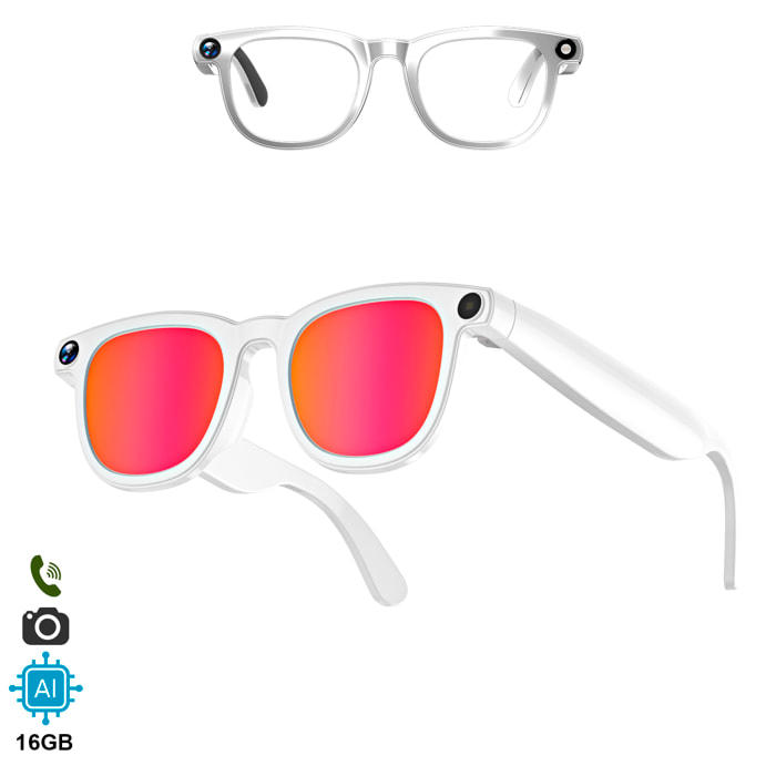 Gafas inteligentes CY01. Con cámara para fotos y videos de 8 MPX, traductor AI en tiempo real y control de música/llamadas. 16GB de memoria, lentes tintadas y transparentes.