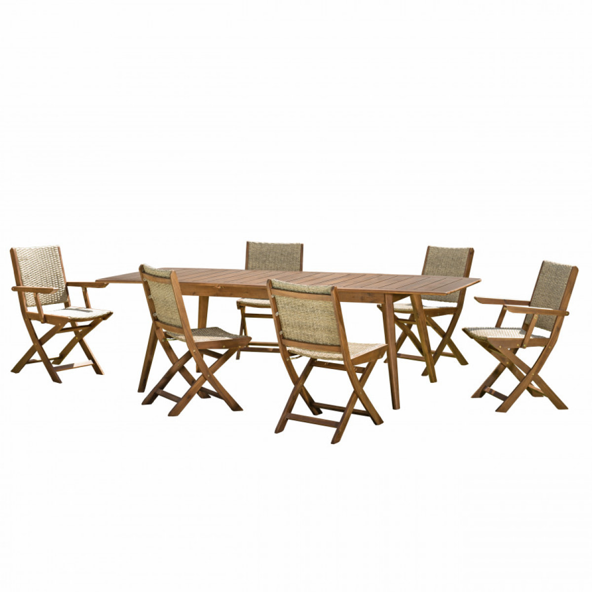 VICTOIRE - SALON DE JARDIN EN BOIS 8/10 pers 1 Table rect. extensible - 4 chaises 2 fauteuils pliants et rotin synthétique