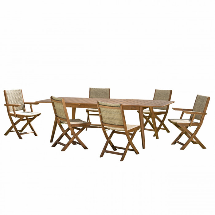 VICTOIRE - SALON DE JARDIN EN BOIS 8/10 pers 1 Table rect. extensible - 4 chaises 2 fauteuils pliants et rotin synthétique