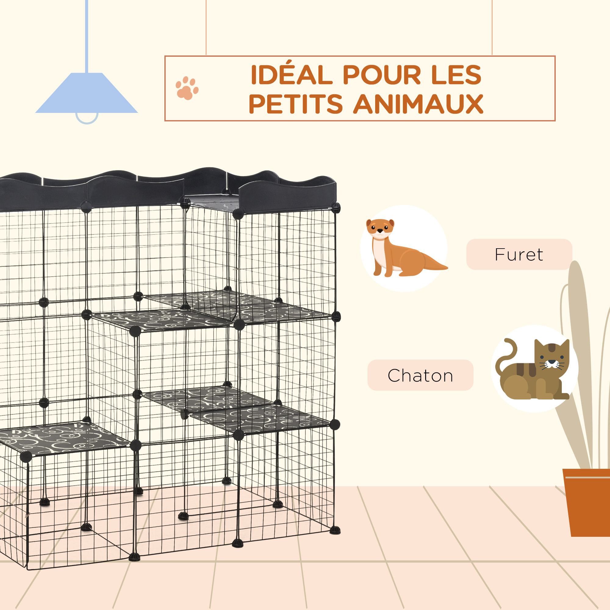 Cage parc enclos chat modulable dim. L105 x l70 x H105 cm 3 niveaux 2 portes rampe plateformes PE motif graphique fil métallique noir