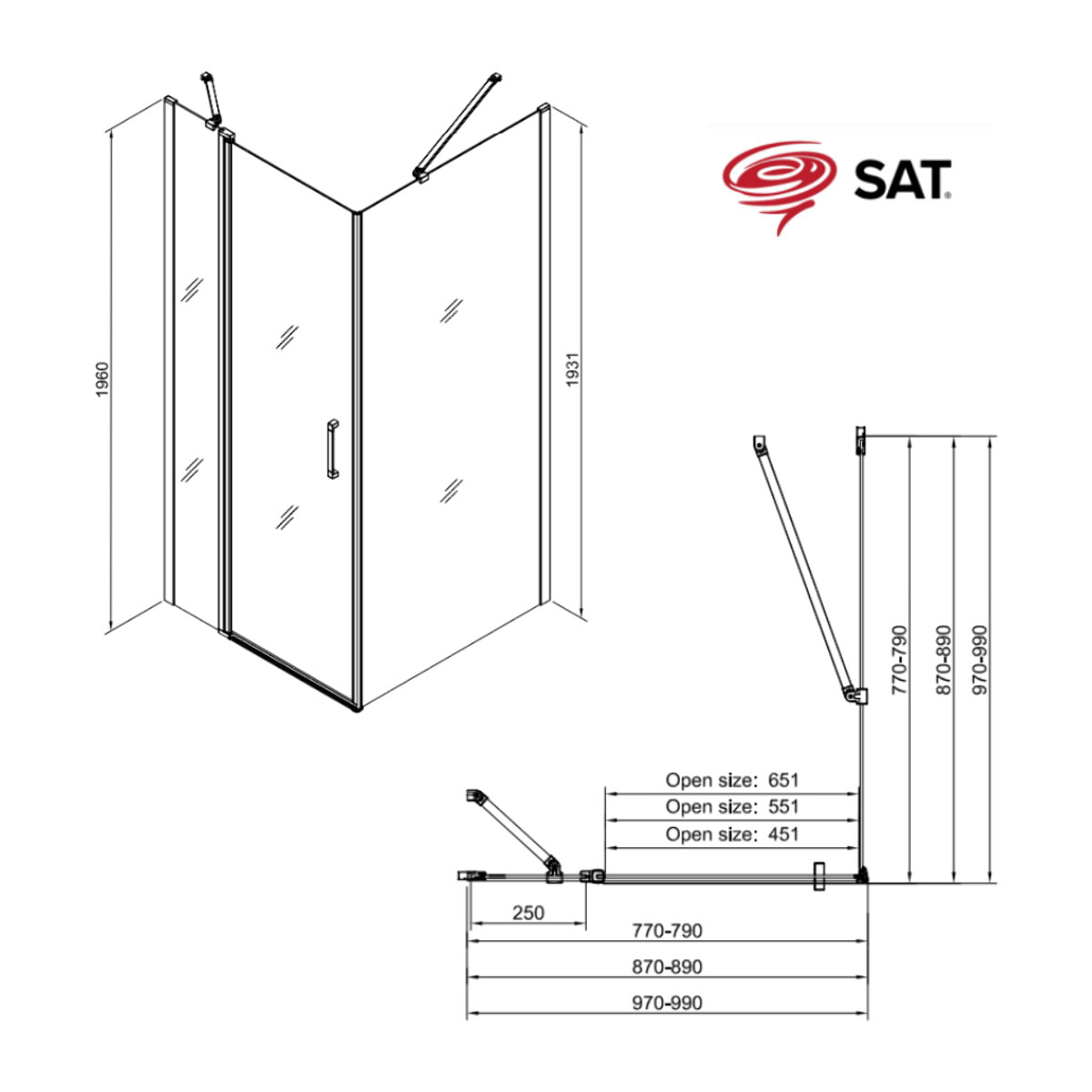 Fusion ensemble porte pivotante /paroi 90x90cm anticalcaire avec profilés noir mat (SATFUDP90S90C-SET)