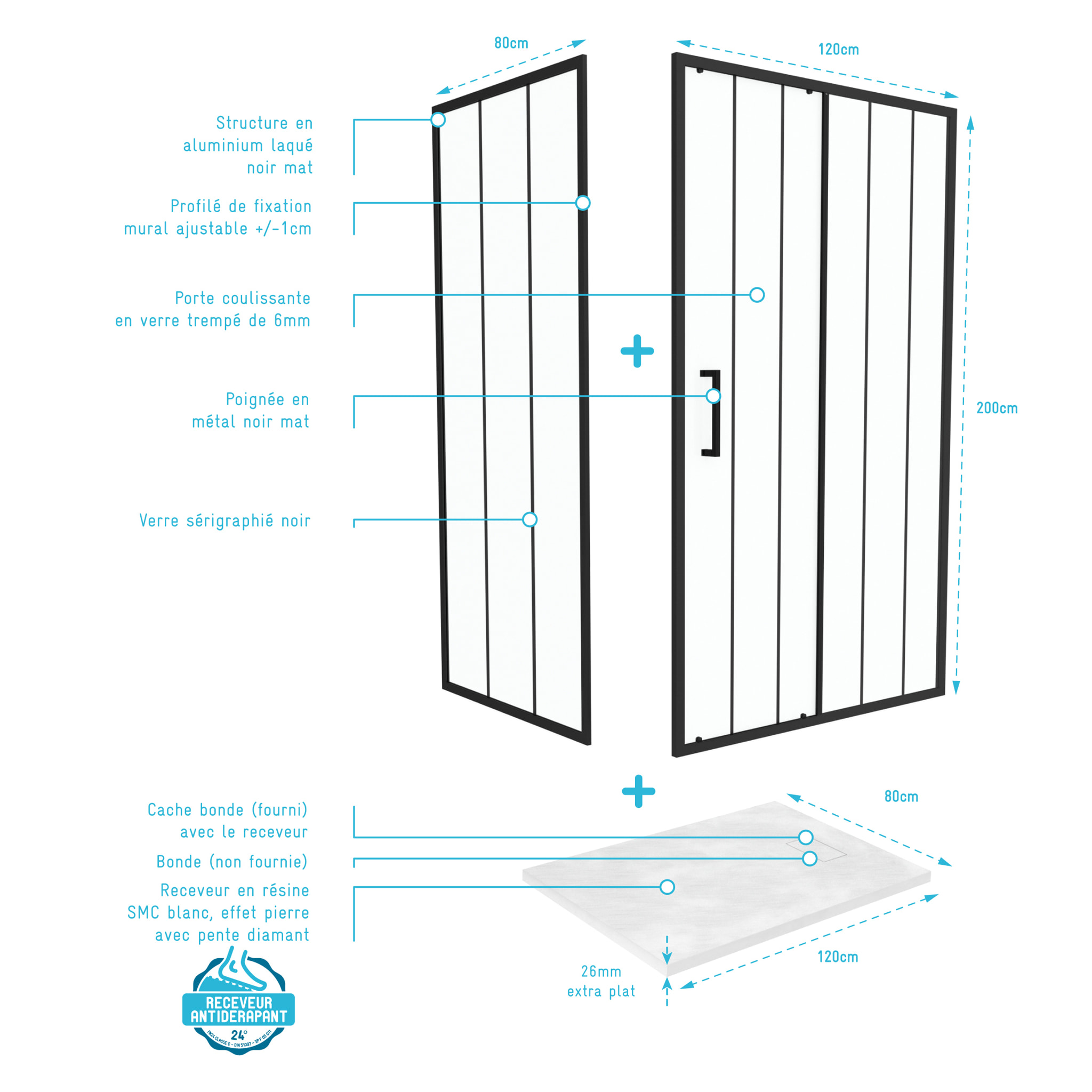 Porte Coulissante et Retour avec Sérigraphie Noire 120x80x200cm + Receveur en SMC Blanc Effet Pierre
