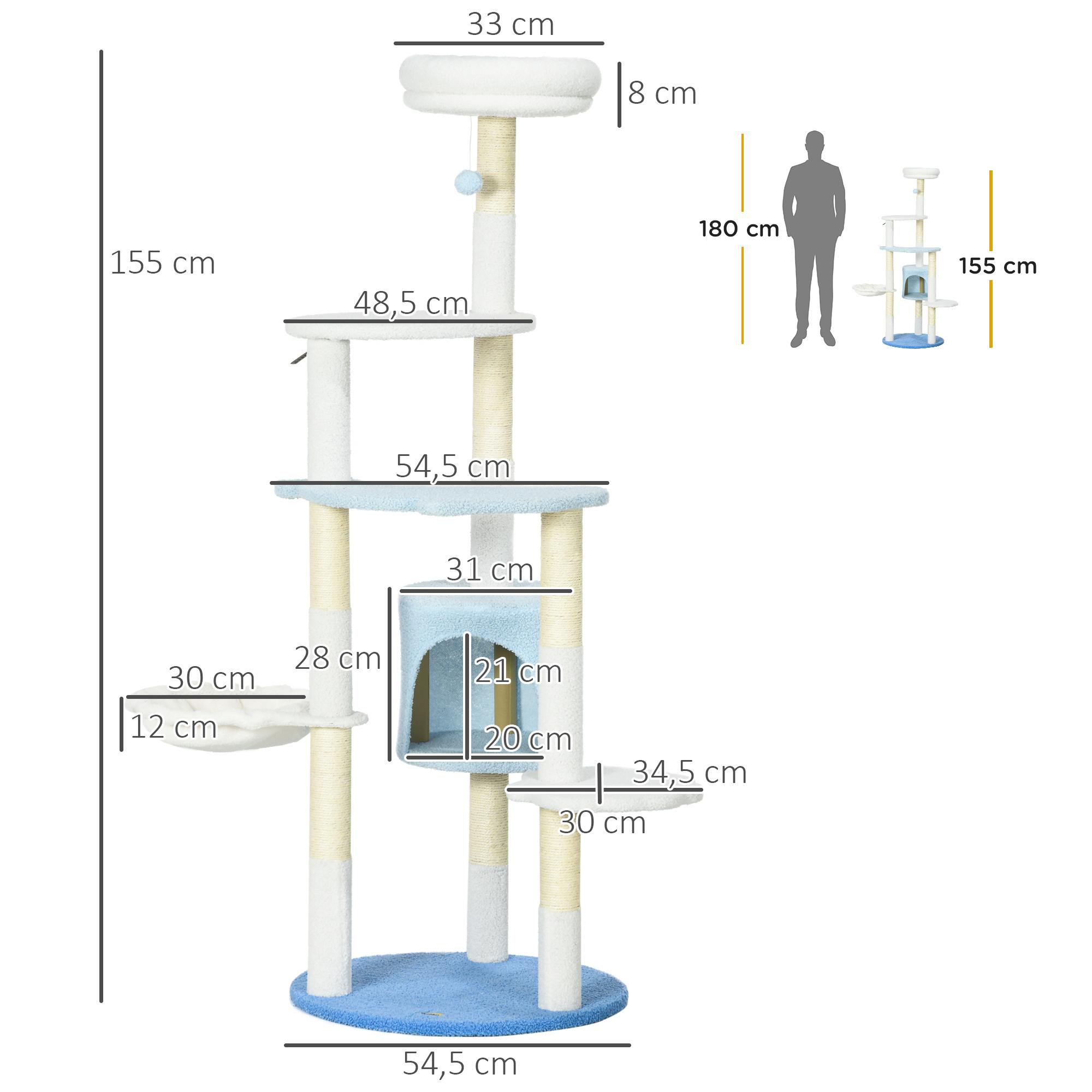 Árbol Rascador para Gatos Grandes de 155 cm Torre para Gatos de Interior con Postes de Sisal Cueva Cama Hamaca y Bola de Juguete Ø54,5x155 cm Blanco y Azul