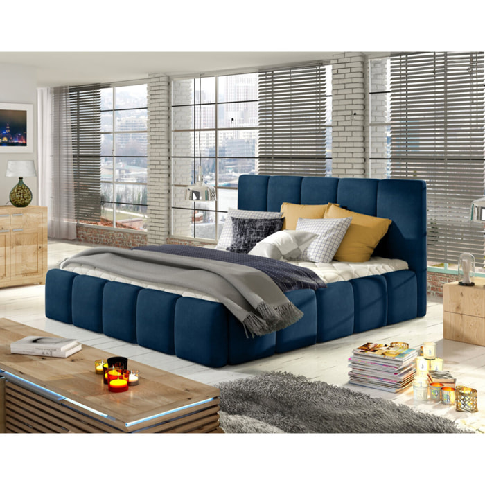 Lucea - lit coffre - 160x200 - sommier inclus - en velours - Bleu nuit