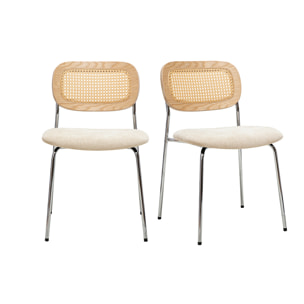 Chaises design en tissu effet velours texturé beige, métal chromé et cannage rotin (lot de 2) MIRANDA