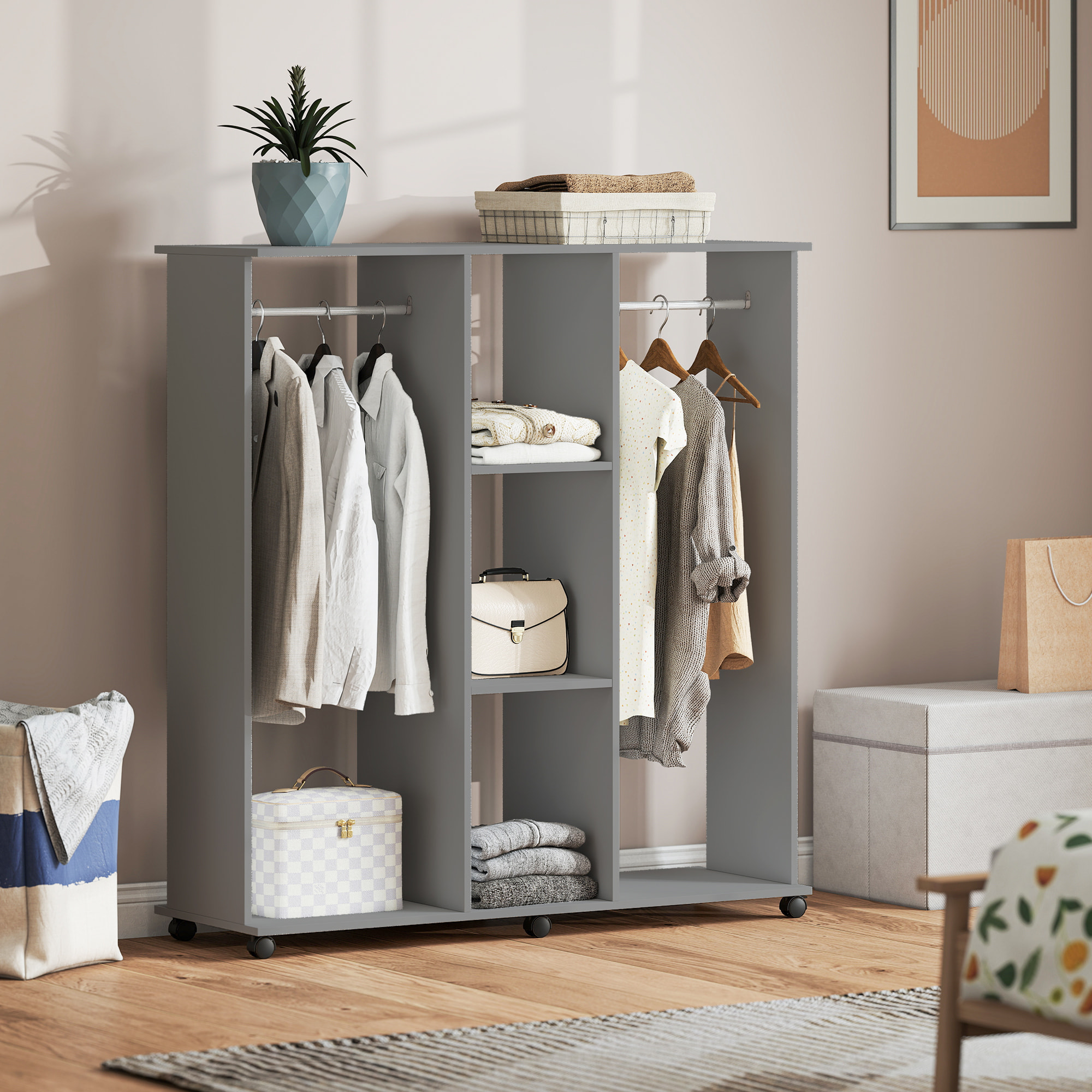 Armoire penderie meuble de rangement mobile 6 roulettes 120L x 40l x 128H cm panneaux de particules aspect bois gris