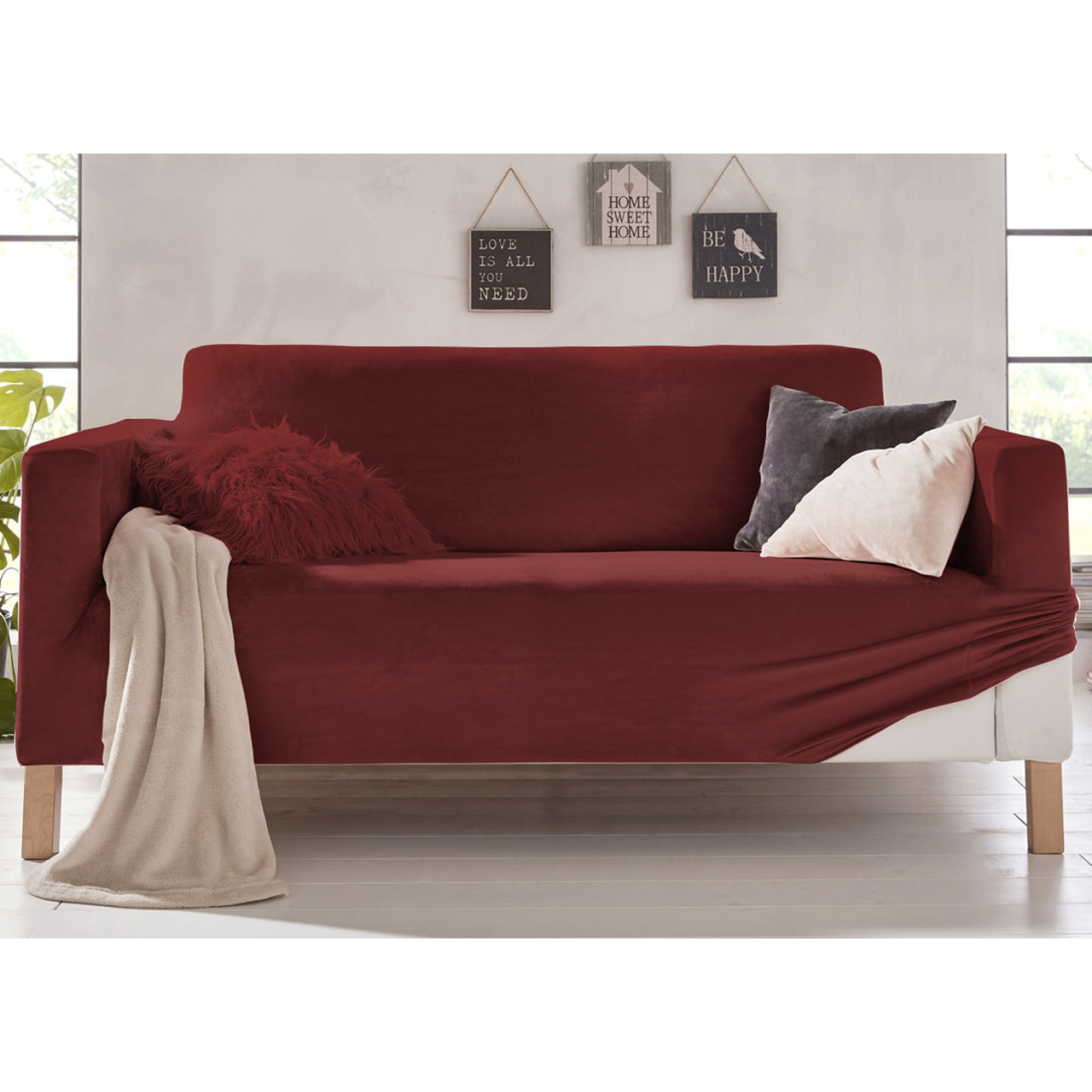 Copripoltrona Elasticizzato In Tinta Unita Effetto Velluto Modello Morbidissimo Colore Bordeaux