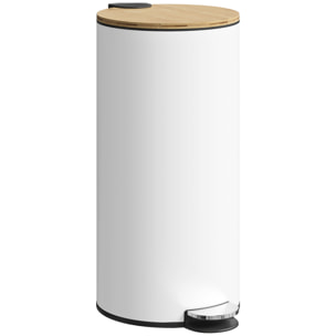 Cubo de Basura Cocina con Pedal, 30L, Papelera de Cocina Metálico con Tapa de Cierre Suave y Cubo Extraíble, para Dormitorio, Oficina, Estudio y Salón, 36x30x60,5 cm, Blanco y Madera Natural