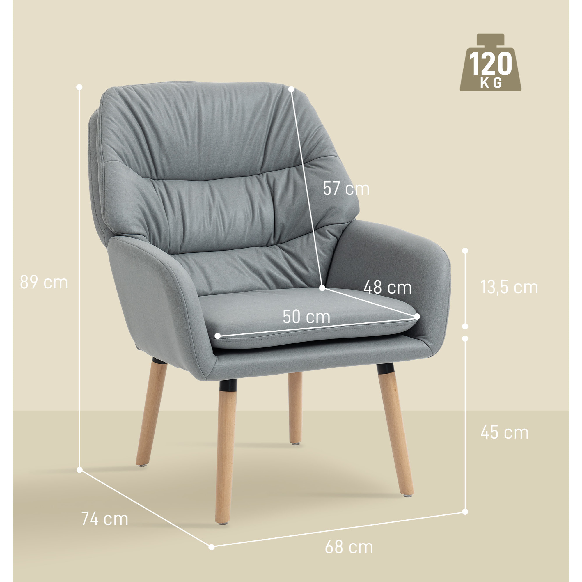 Sillón de Salón Moderno, Butaca de Salón, Acolchado de Doble Capa, Tapizado en Cuero Sintético, Patas de Madera, Sillón de Lectura para Dormitorio, Oficina, Estudio, 68x74x89 cm, Gris