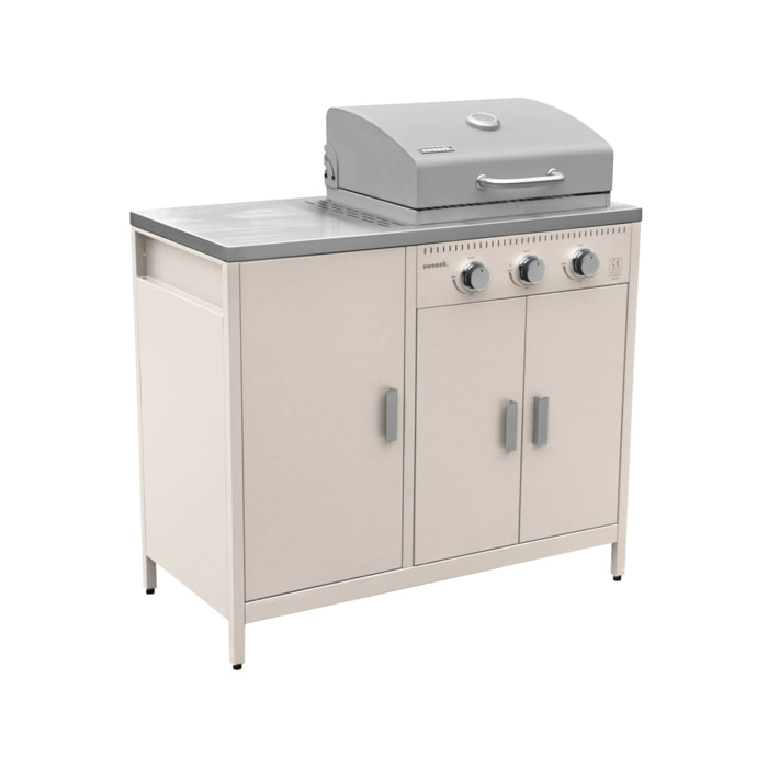 Barbecue gaz 3 brûleurs. beige. 3 portes et 2 espaces de rangement