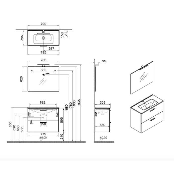 Mia ensemble meuble 79x61x39,5 cm avec miroir, lavabo et éclairage LED, Chêne (MIASET80D)