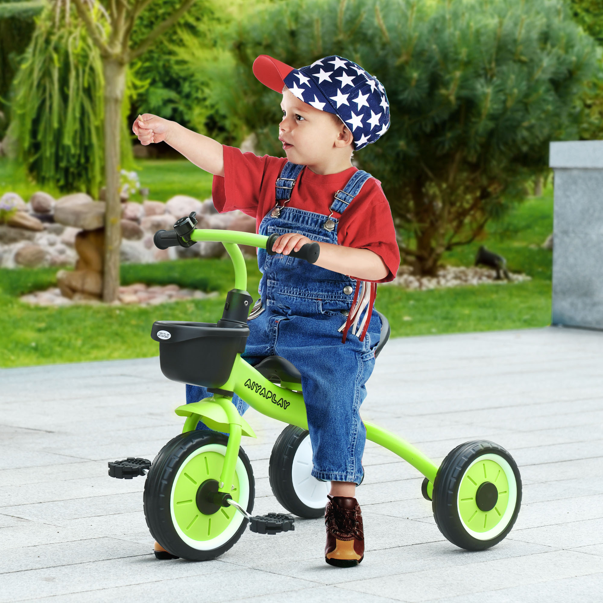 Tricycle enfant multi-équipé garde-boue sonnette panier pédales antidérapantes siège réglable avec dossier métal vert