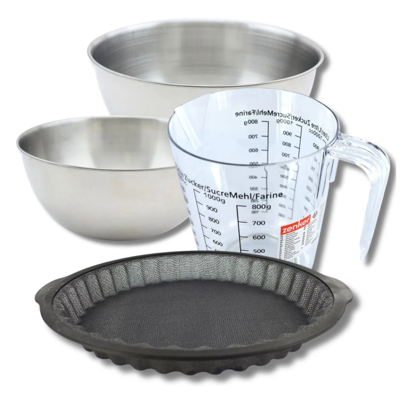Set pâtisserie avec moule à tarte 25 cm en silicone, 2 bols à mixer, verre mesureur et spatule Zenker