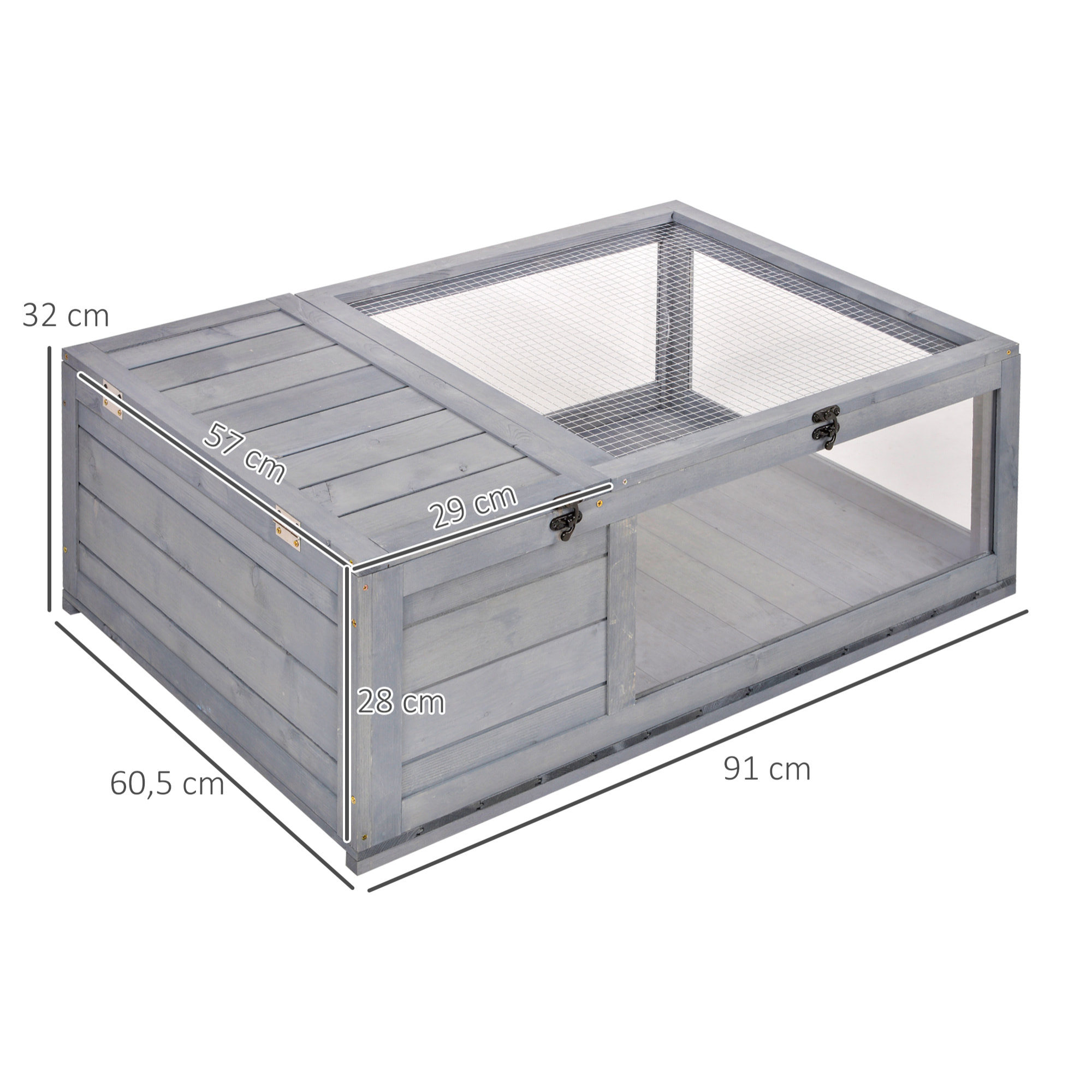 Casa para Tortugas de Madera Terrario para Reptiles con Techo de Malla Paneles Laterales Transparentes Extraíbles y Pestillo de Seguridad Caseta para Tortugas 91x60,5x32 cm Gris