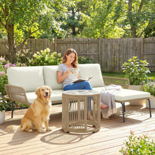 Conjunto de Muebles de Jardín Exterior de Ratán Juego de 3 Piezas Muebles de Terraza con Sofá de 2 Plazas Chaise Longue Cojines y Mesa Auxiliar de Tablero de Vidrio para Patio Crema y Natural