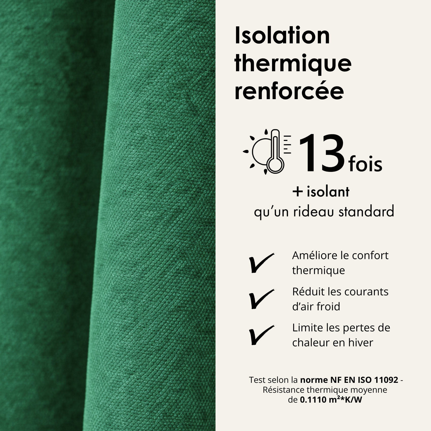 Rideau thermique phonique et semi occultant à galons fronceurs KONFOR - Vert
