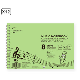 PACK 12 UNIDADES CUADERNO DE MÚSICA 4 PENTAGRAMAS A5 CERVANTES